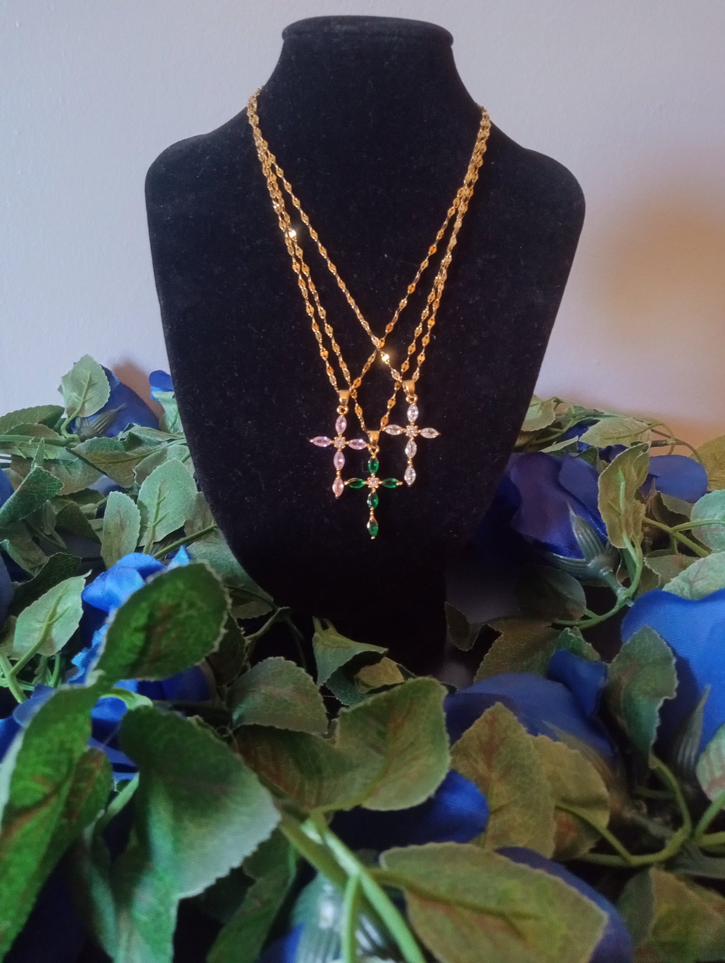 Gold Cross Necklace with Zircon Stones White