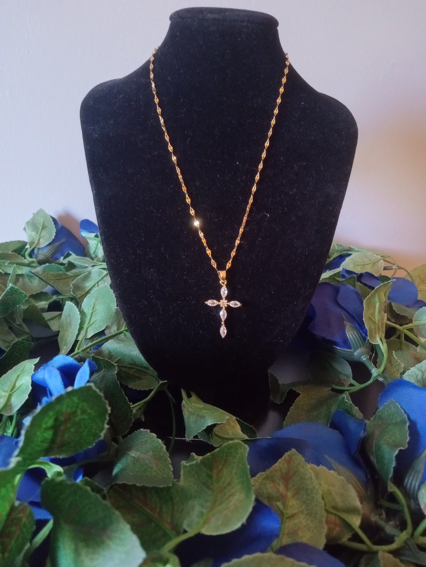 Gold Cross Necklace with Zircon Stones White