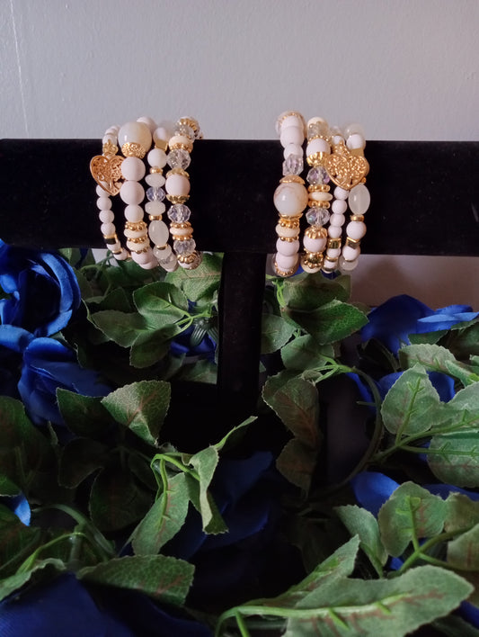 Four Piece Pearl Bracelets White and Gold with tree of life symbol