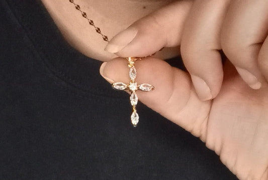 Gold Cross Necklace with Zircon Stones White