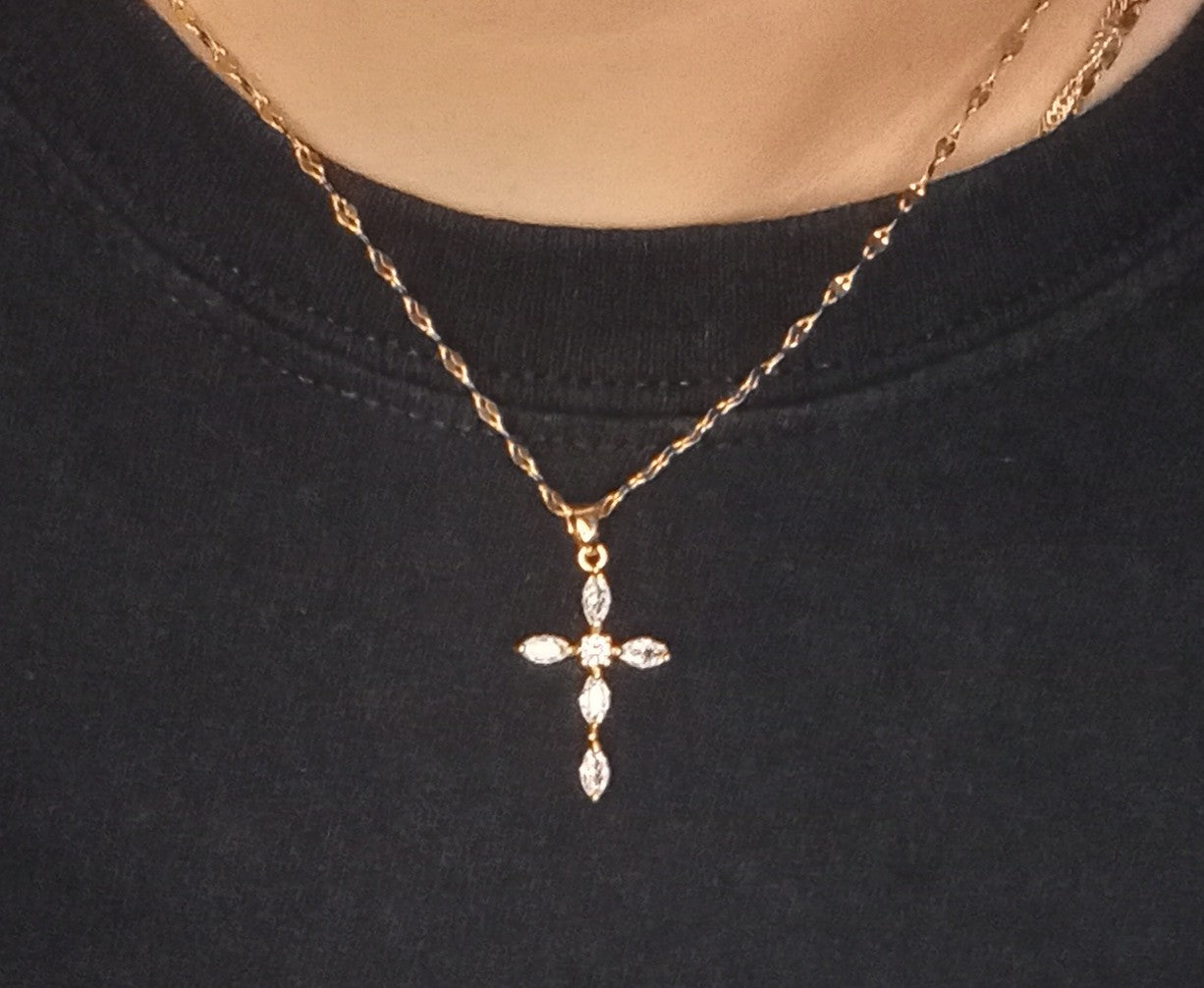 Gold Cross Necklace with Zircon Stones White