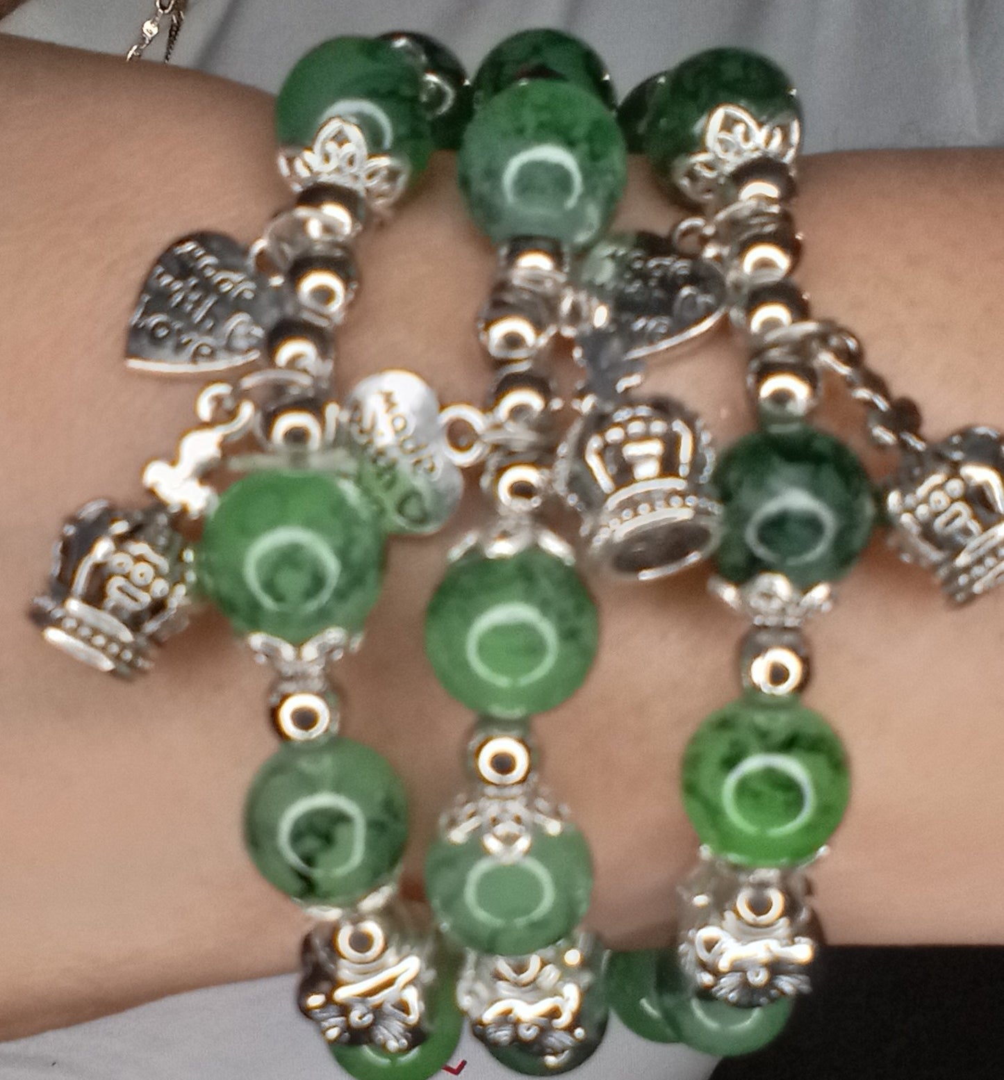 Heart Shape Crown Green Beaded Bracelet Ethnic Style