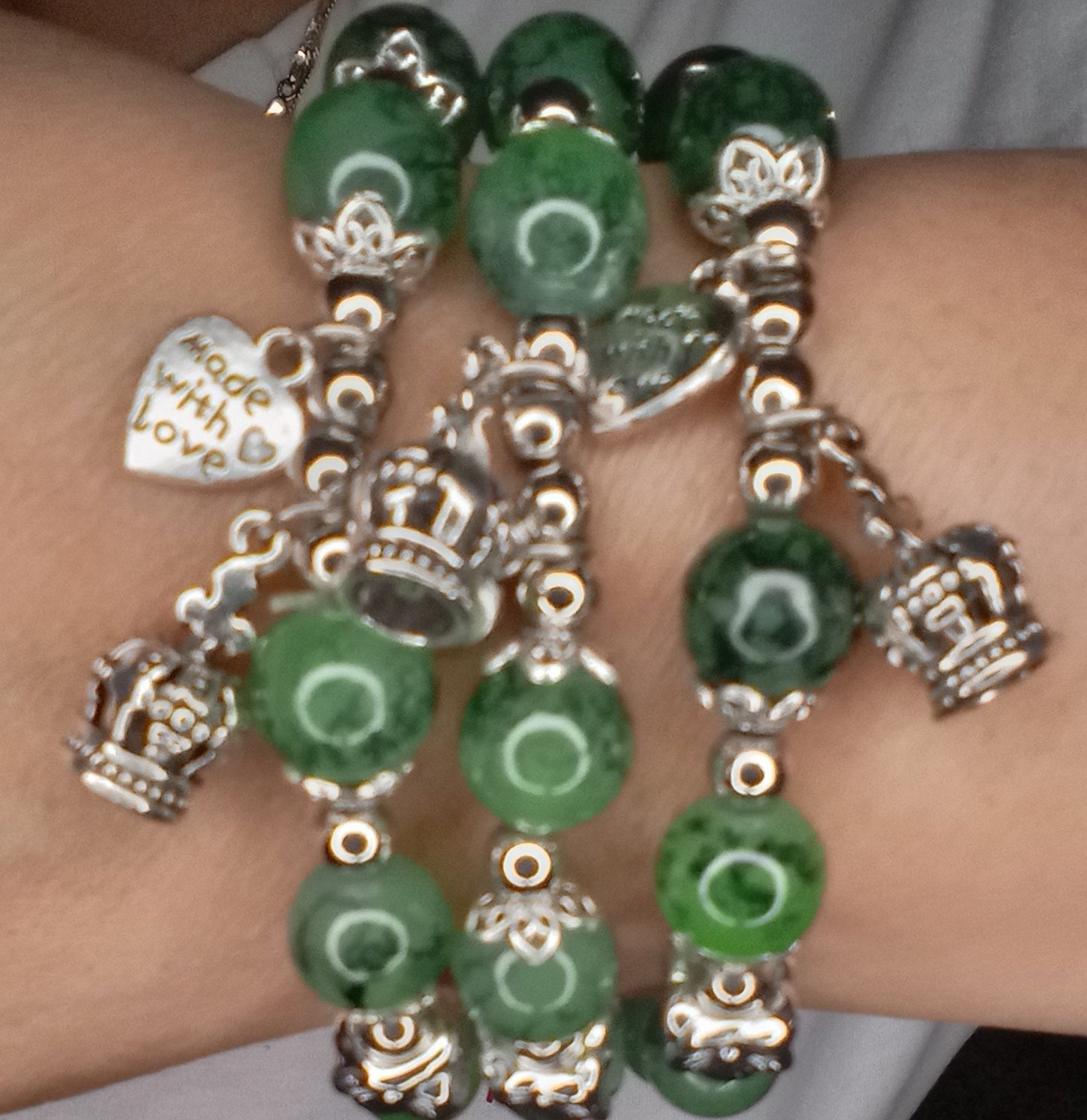 Heart Shape Crown Green Beaded Bracelet Ethnic Style