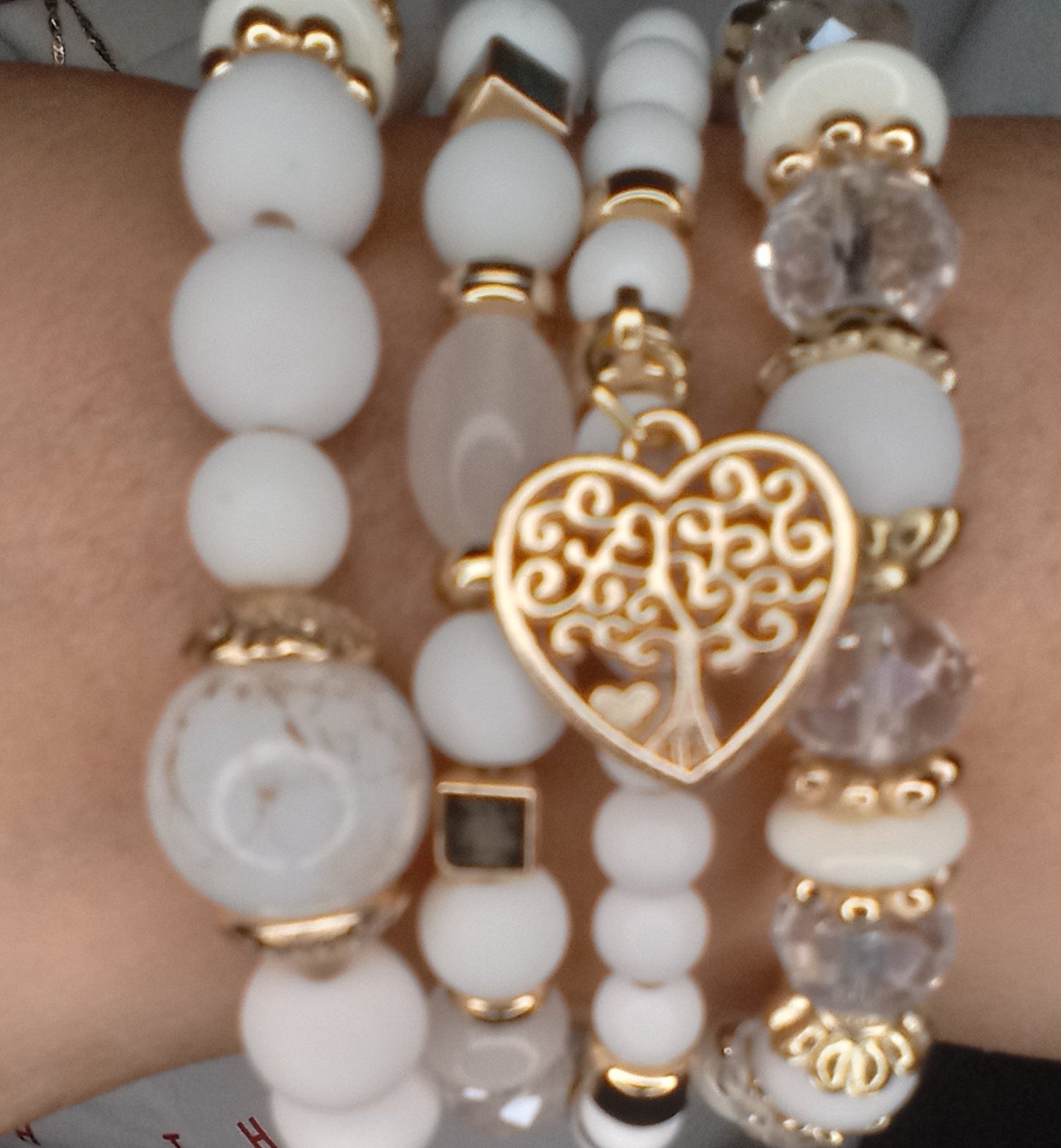 Four Piece Pearl Bracelets White and Gold with tree of life symbol